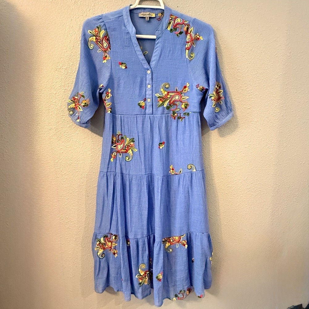 Anthropologie Figueroa Flower Dress M Blue Embroidered Tiered Prairie Boho Fairy